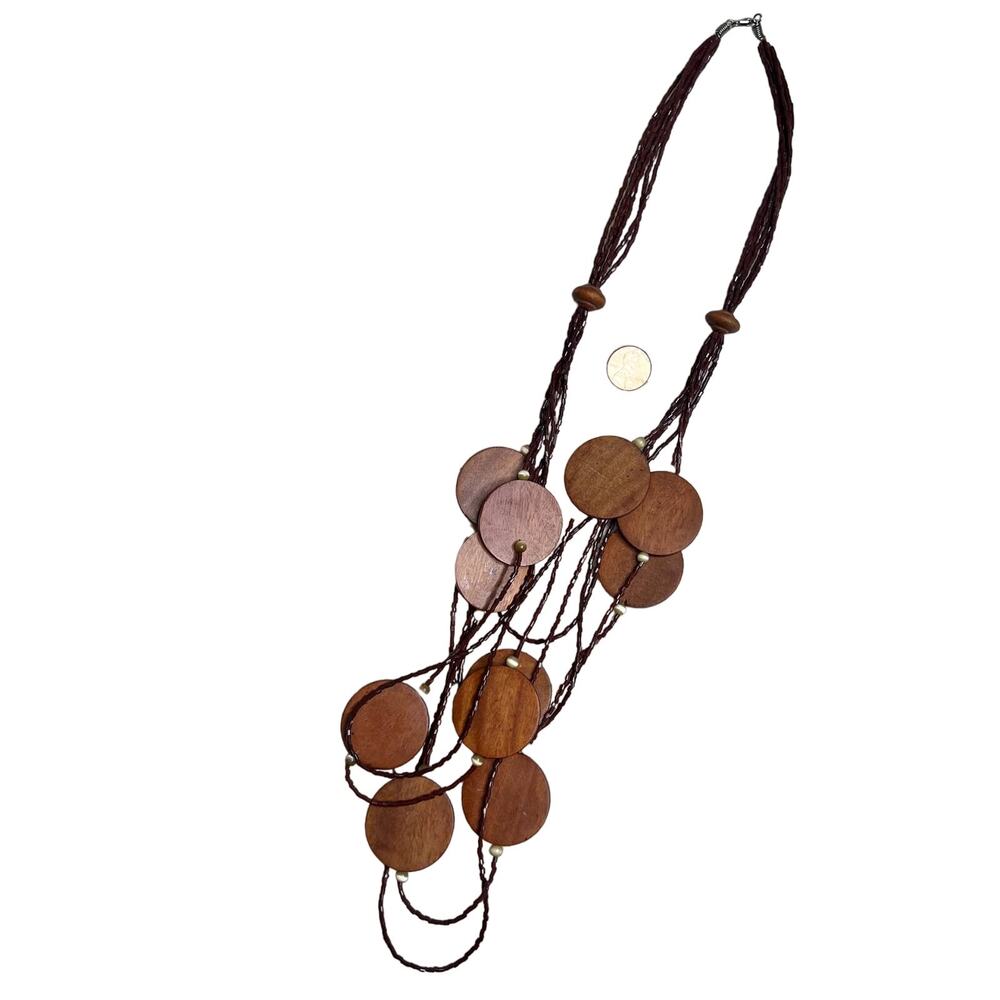 VINTAGE Women's Boho Seed Bead Wood Discs Multi Strand Necklace Natural Earthy
